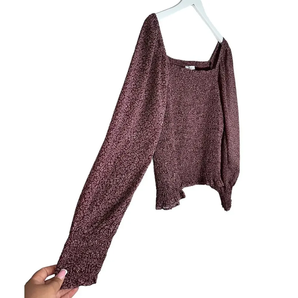 Madewell Lucie Bubble Long Sleeve Smocked Burgundy Top Cottage Garden Size XL